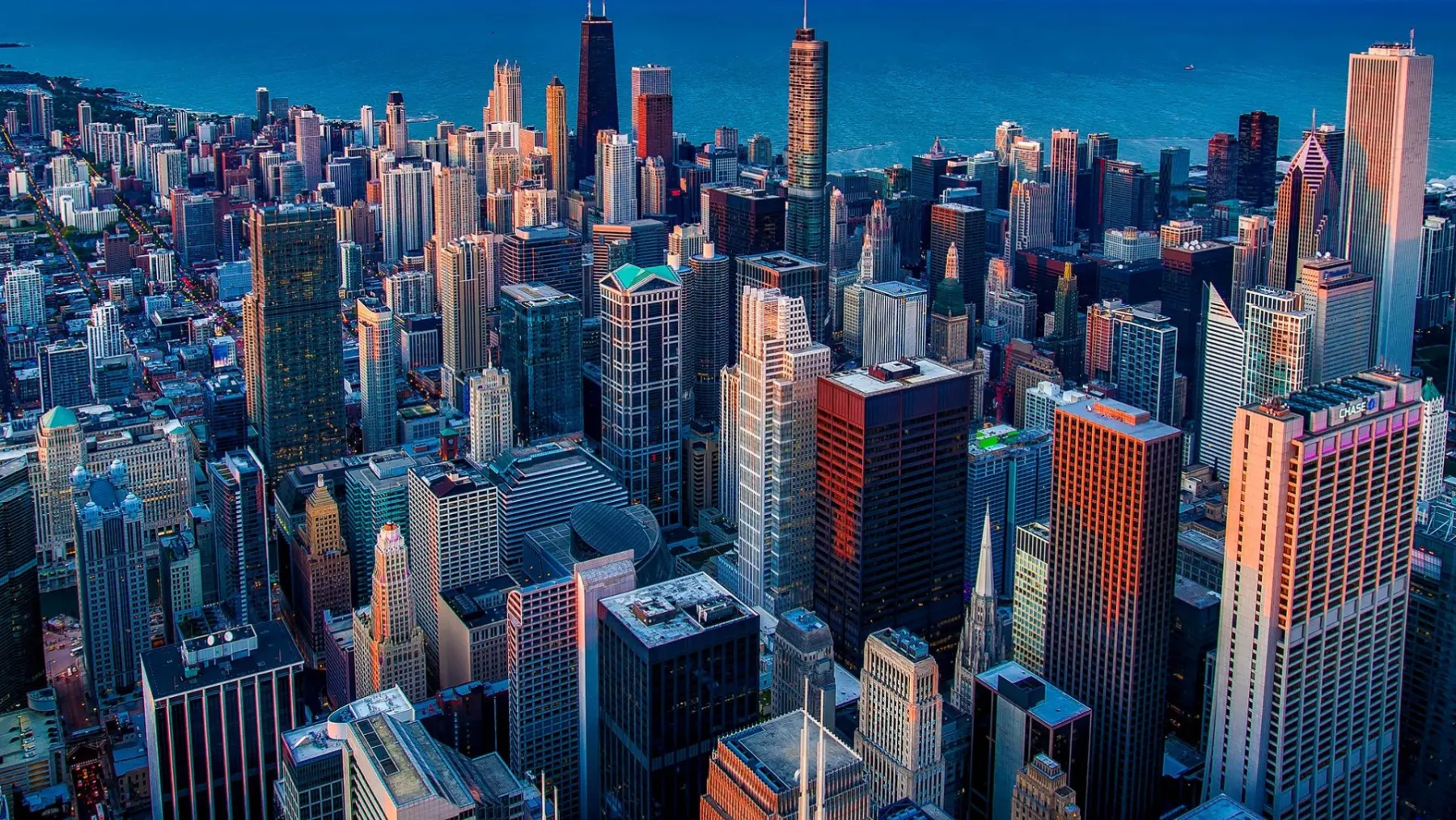 Aerial view of downtown Chicago office towers