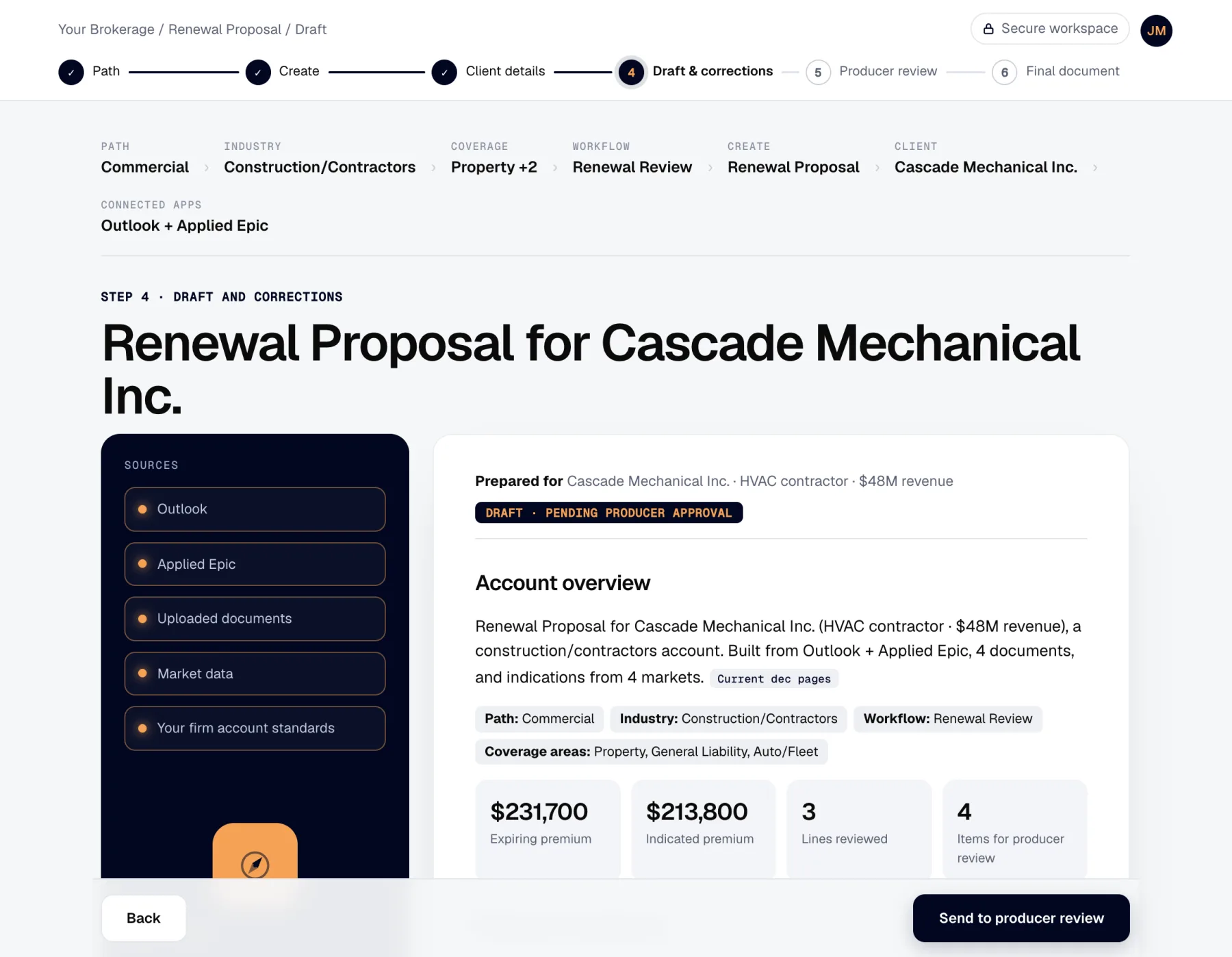 Enterprise Intelligence for insurance: a renewal proposal draft built from Outlook, Applied Epic, uploaded documents and market data, showing expiring and indicated premium
