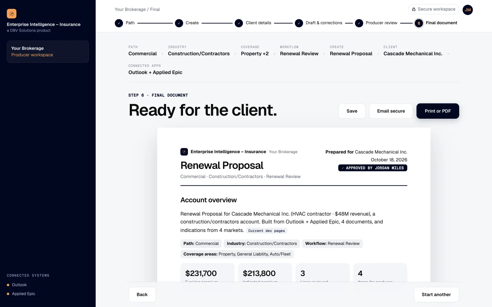 Enterprise Intelligence for insurance: a finished renewal proposal for Cascade Mechanical Inc., approved by a named producer, with save, secure email and print options